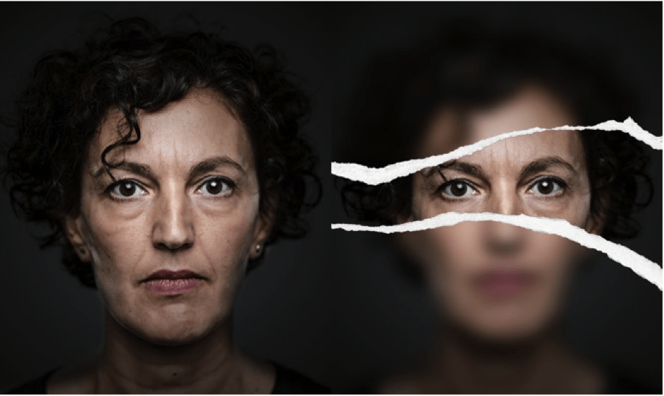Campagnes Aides, affiche visage de femme et déchirure de papier.