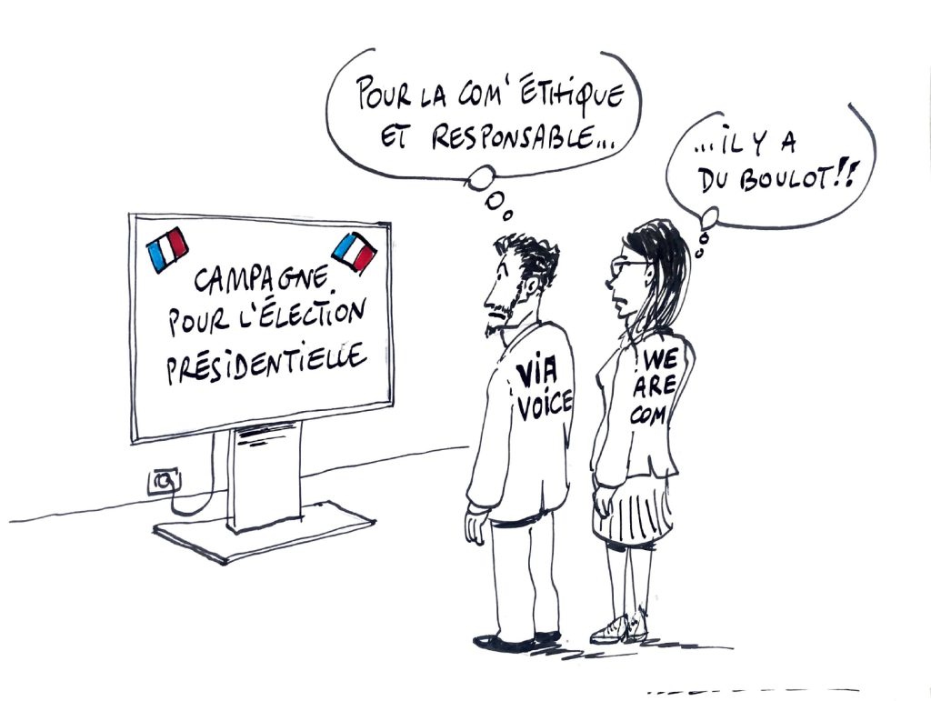 Caricature des intervenants, Éléonore et Arnaud, lors de leur intervention au Com' en Or Day