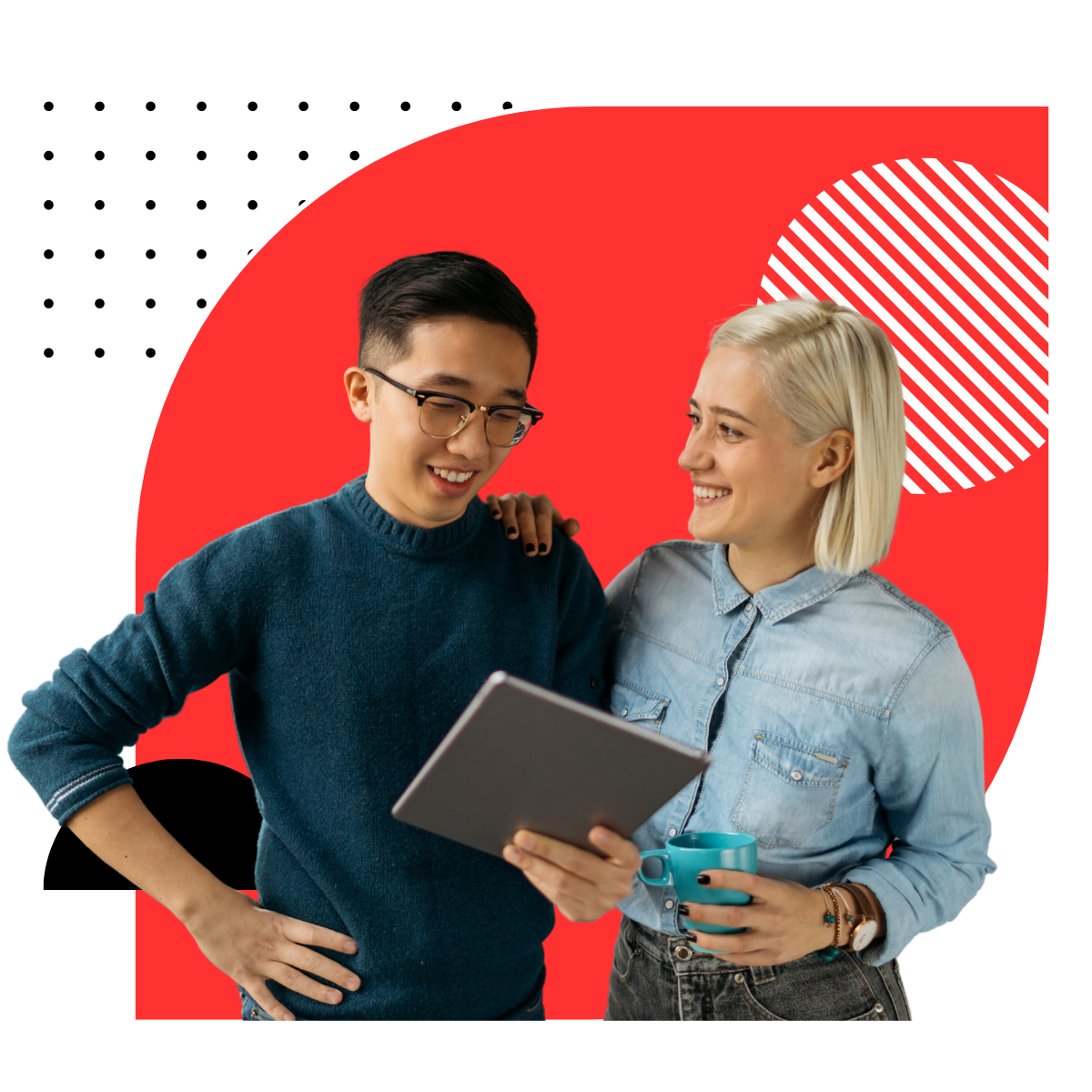 Two people working in internal communication, on a red and black background