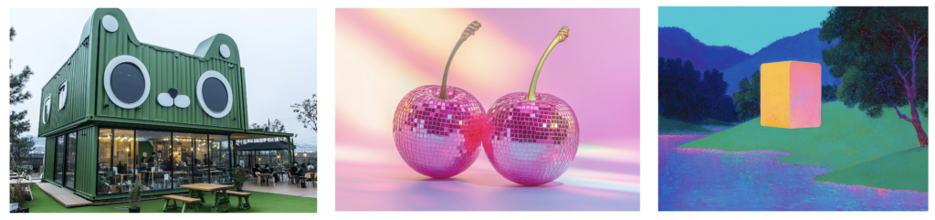 3 photos, l'une d'un magasin en forme de chat, l'autre de cerise façon boules disco et le dernier façon tableau pastel rgas