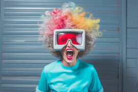 Une femme avec un tshirt bleu, des cheveux frisés rouge et jaune, avec un casque sur les yeux