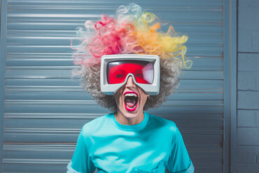 Une femme avec un tshirt bleu, des cheveux frisés rouge et jaune, avec un casque sur les yeux