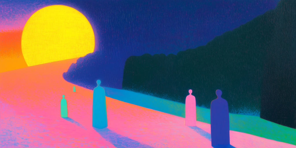 Paysage coloré, des silhouettes se dessinent avec un fond un soleil jaune