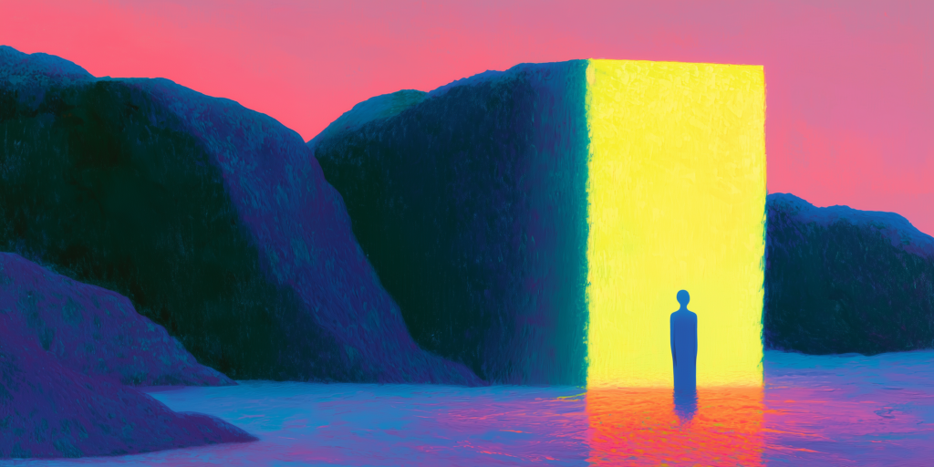 un paysage à fond rose, en bas de l'eau, un personnage devant une porte ouverte