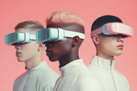 3 personnes portant des casques de réalité virtuelle, sur fond rose