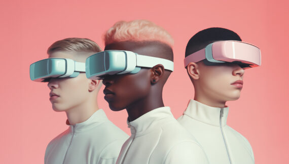 3 personnes portant des casques de réalité virtuelle, sur fond rose