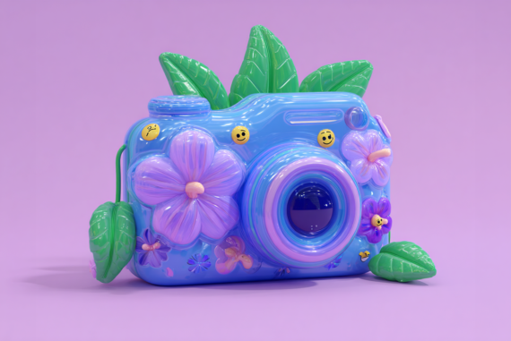 un appareil photo en 3D, style ballon coloré