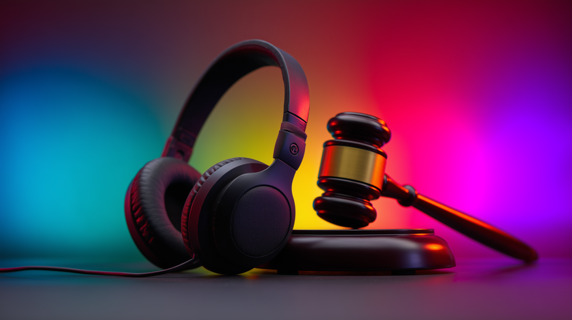une paire d'écouteurs et un marteau de la justice, sur un fond coloré