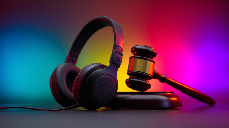 une paire d'écouteurs et un marteau de la justice, sur un fond coloré