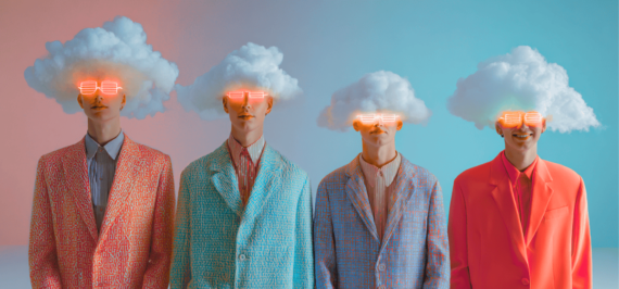 Un groupe de 4 personnes, en costumes, avec littéralement la tête dans les nuages