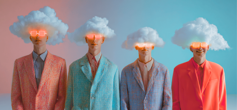 Un groupe de 4 personnes, en costumes, avec littéralement la tête dans les nuages