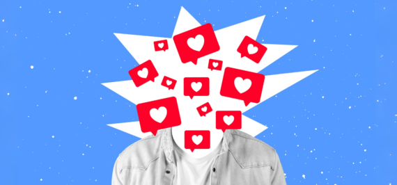 un portrait où le visuel est remplacé par des coeur et like social media