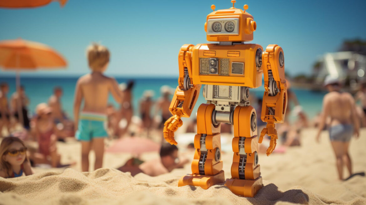 Un robot jaune sur la plage afin d'illustrer les actualités IA à ne pas manquer pendant l'été