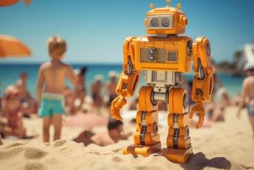 Un robot jaune sur la plage afin d'illustrer les actualités IA à ne pas manquer pendant l'été