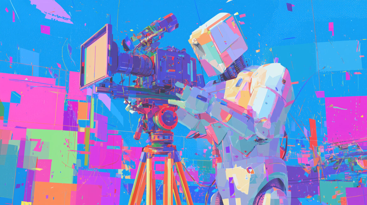 un robot dans un style très graphique derrière une caméra comme un réalisateur de films IA