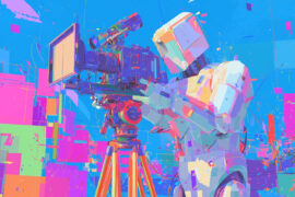 un robot dans un style très graphique derrière une caméra comme un réalisateur de films IA