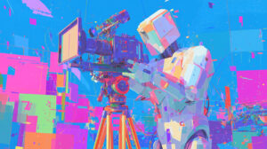 un robot dans un style très graphique derrière une caméra comme un réalisateur de films IA