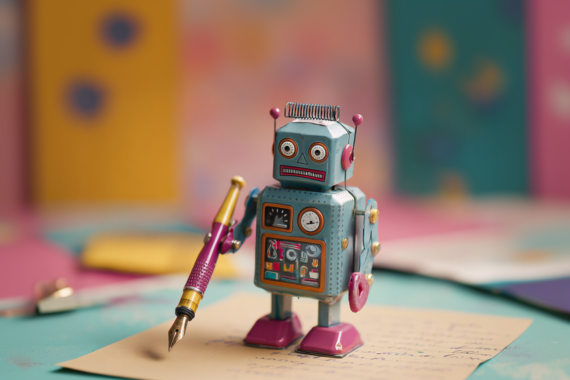 petit jouet robot bleu, rouge, qui tient un stylo plume et rédige un texte sur un bureau