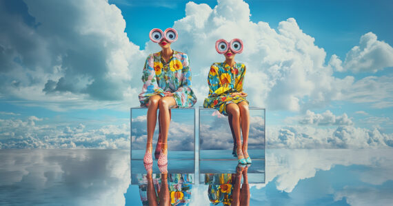Deux personnes aux grosses lunettes poses sur un fond reflechissant, avec le reflet du ciel et des nuages