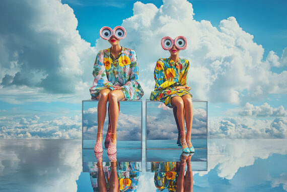 Deux personnes aux grosses lunettes poses sur un fond reflechissant, avec le reflet du ciel et des nuages
