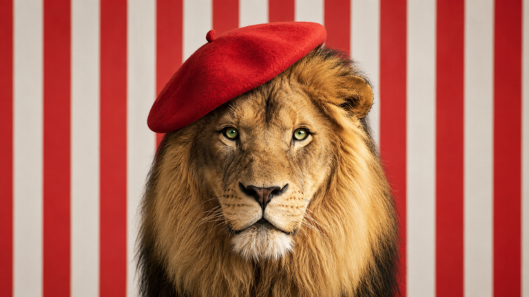Lion coiffé d'un béret rouge, visuel du meet-up We Are COM sur les tendances créatives et le débrief des Cannes Lions 2026