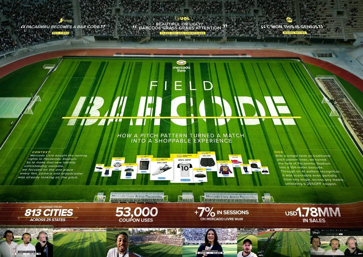 Mercado Livre : une pelouse de stade transformée en code-barres géant de 104 mètres, scannable en direct