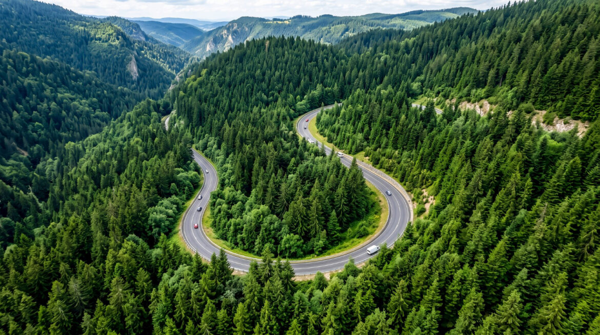 vue aérienne d'un grand virage route dans une foret verte
